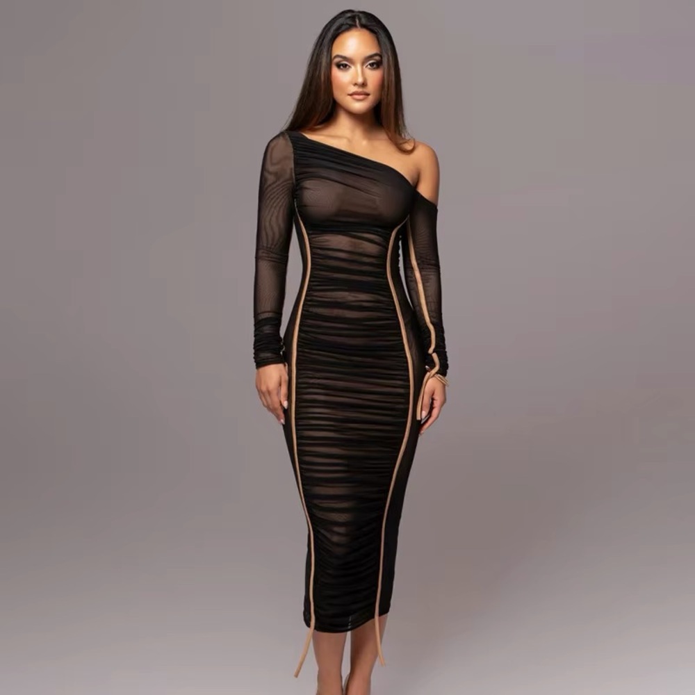 JLUXLABEL Black and Tan One-Shoulder Midi Dress